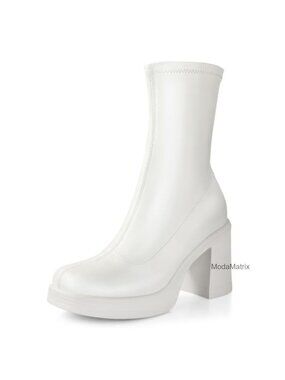 Chunky Platform Ankle Boots Square Toe Side Zip PU Leather Y2K Gogo Booties